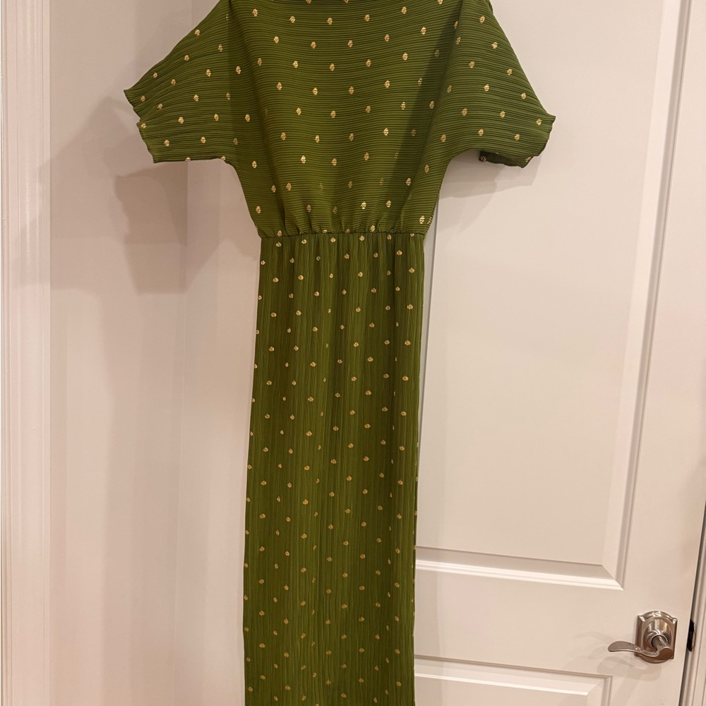 Never Fully Dressed Olive Green One-Shoulder Midi Dress with Gold Dot Detail - Picture 4 of 5